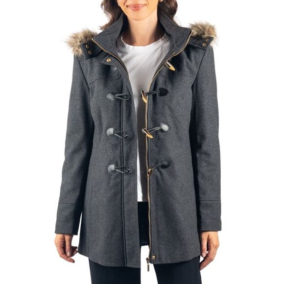 Alpine Swiss Duffy Womens Hooded Parka Fur Trim Wool Coat Toggle Button Jacket - Picture 5 of 10